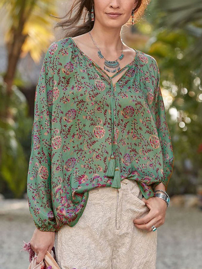Holiday Bohemian Printed V-neck Long Sleeve Top