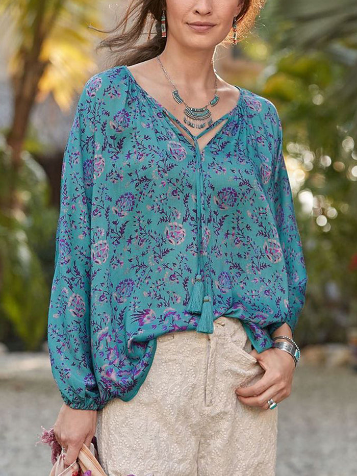 Holiday Bohemian Printed V-neck Long Sleeve Top
