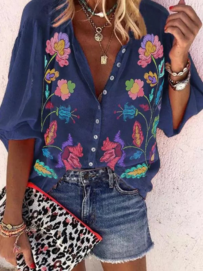Holiday Casual V-neck Printed Half-sleeved Shirt