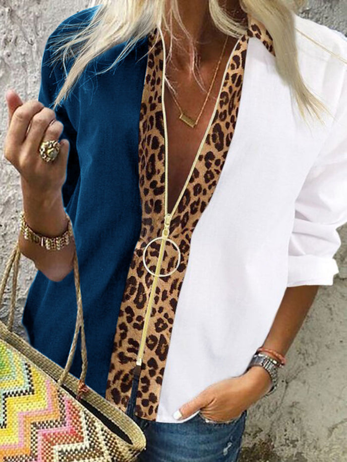 Holiday Fashion Leopard Stitching Zipper T-shirt