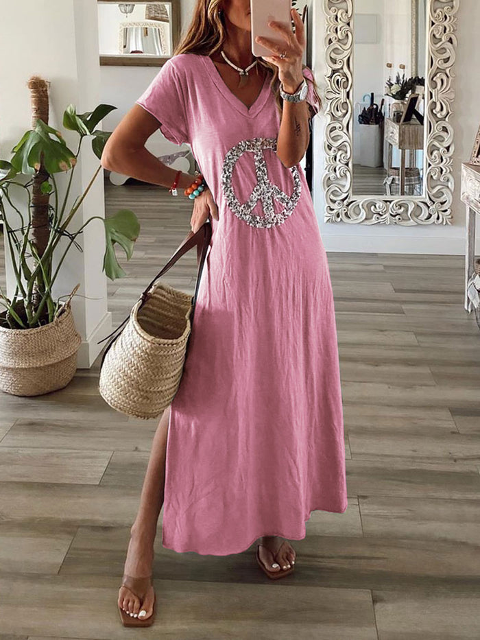 Holiday Printed V-neck Casual Short Sleeve Dress