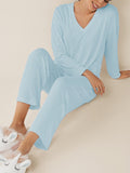 Home Solid Color V-neck Two-piece Suit