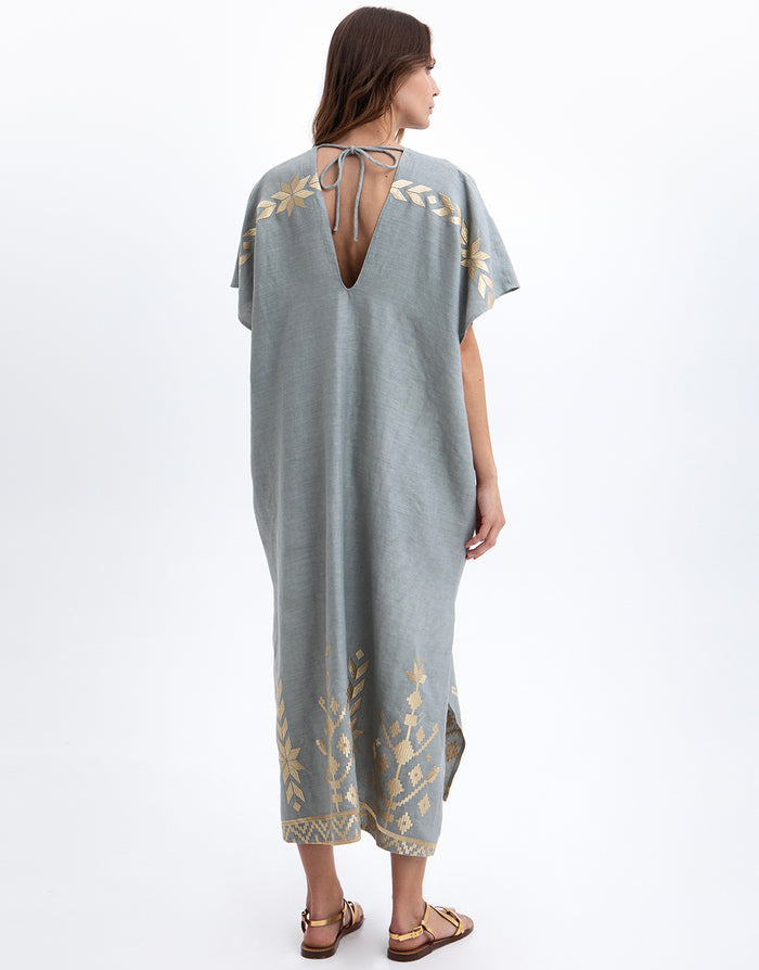 Greek Archaic Kori Ios Midi Kaftan - Light Grey and Gold - Simply Beach UK