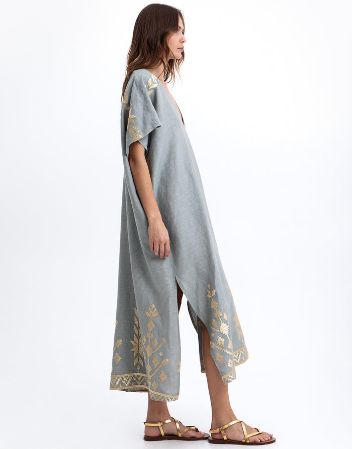 Greek Archaic Kori Ios Midi Kaftan - Light Grey and Gold - Simply Beach UK