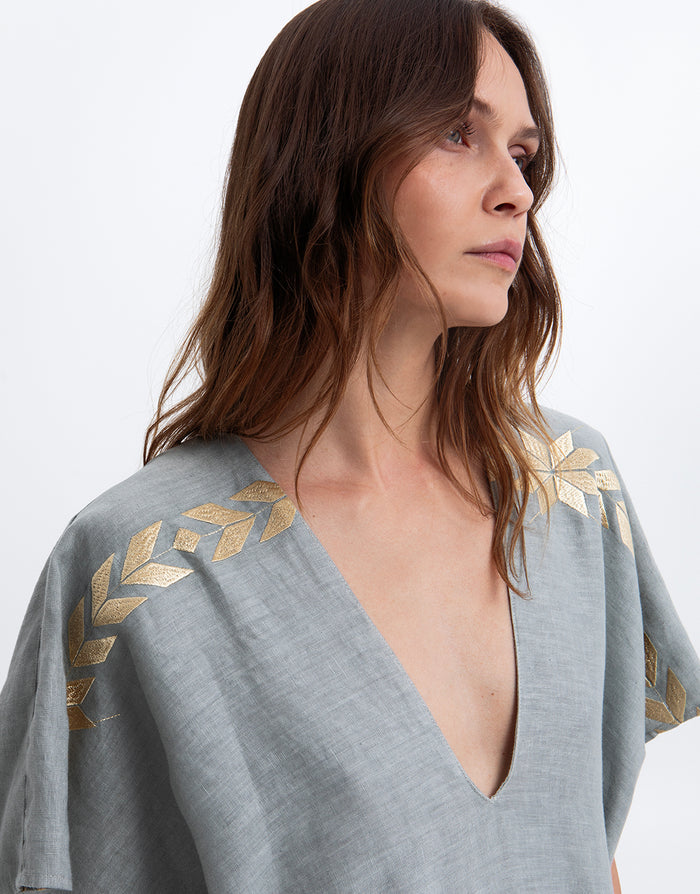 Greek Archaic Kori Ios Midi Kaftan - Light Grey and Gold - Simply Beach UK