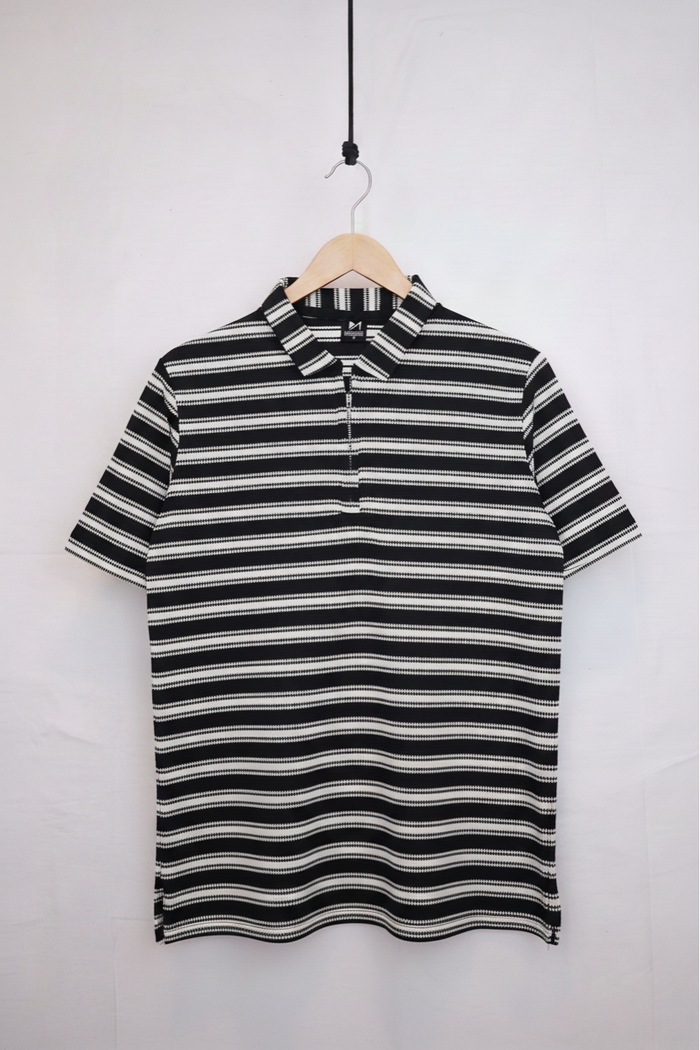 KNITTED STRIPE POLO BLACK & WHITE