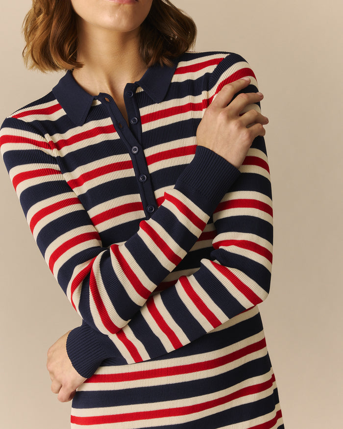 Kris Long Sleeve Striped Polo Dress Red Red / XL