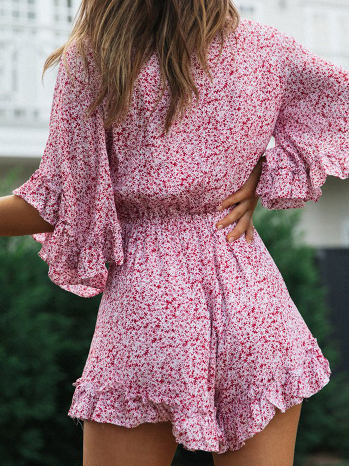 Lace Flared Sleeve Ruffled Casual Dress