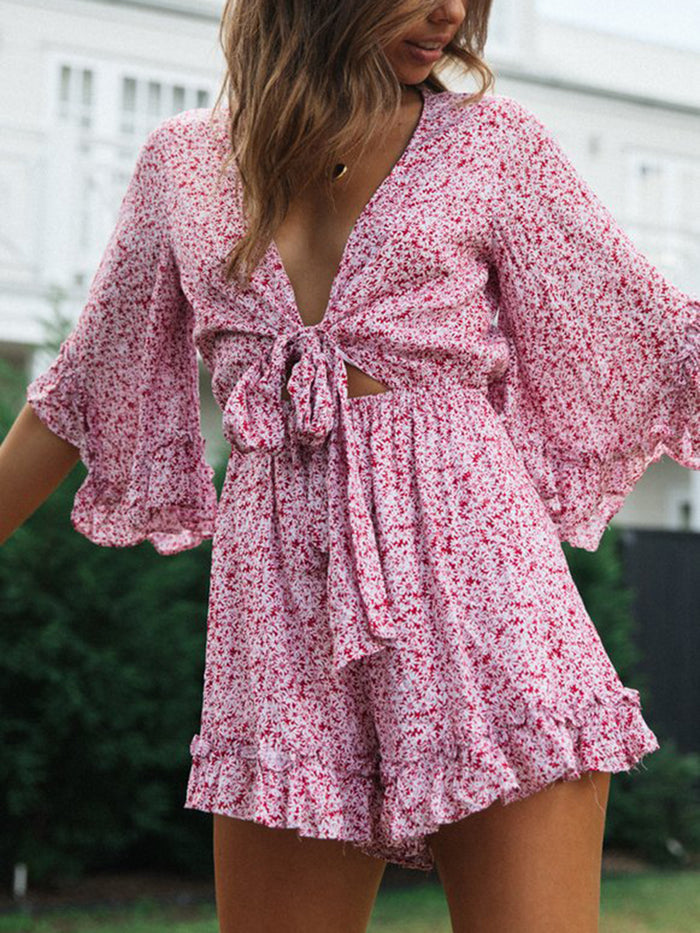 Lace Flared Sleeve Ruffled Casual Dress