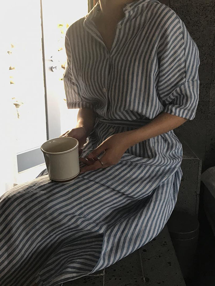 Lapel Long Sleeve Striped Casual Shirt Dress