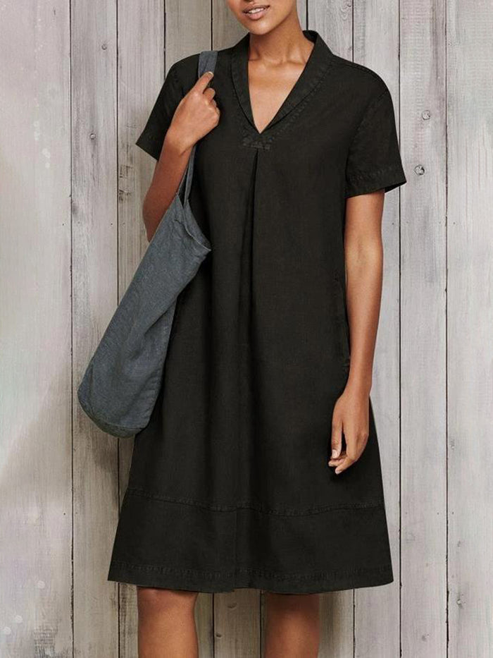 Lapel Solid Color Side Pocket Casual Dress