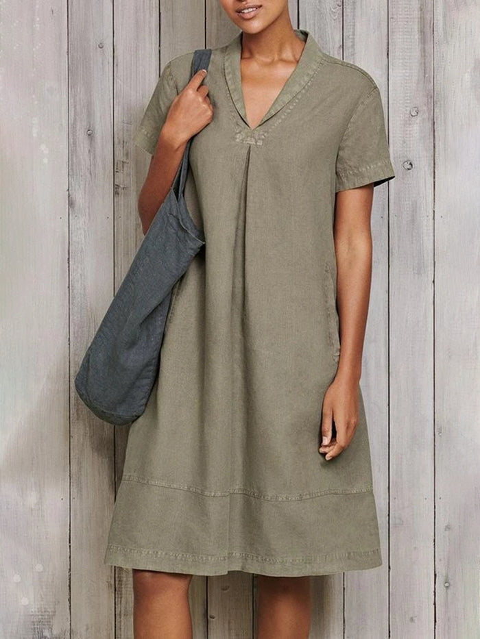 Lapel Solid Color Side Pocket Casual Dress