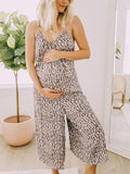 Leopard Print Sexy Deep V-Neck Sling Maternity Jumpsuit