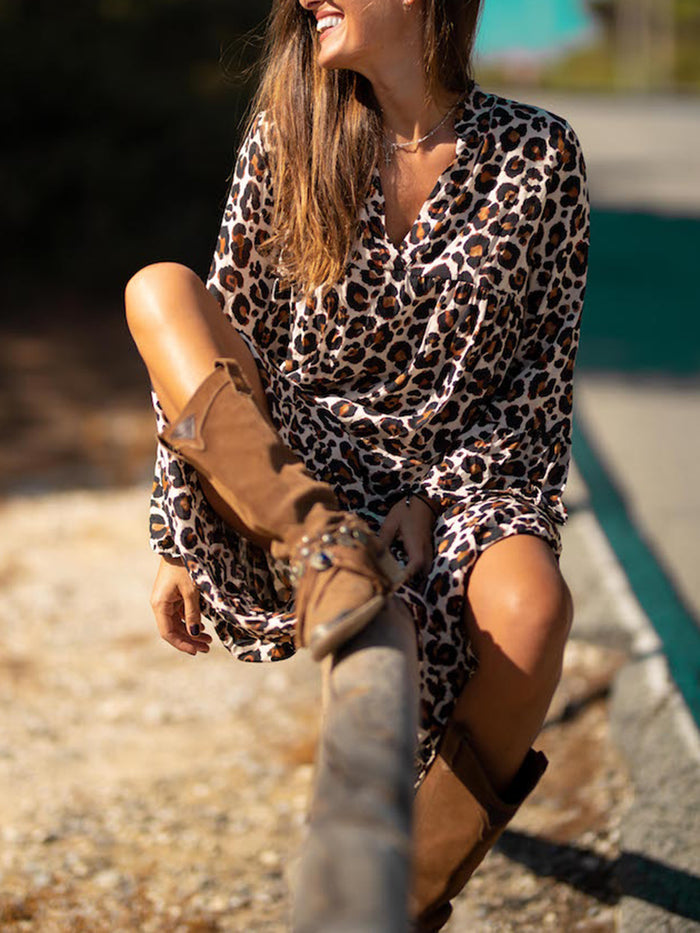 Leopard V-Neck Long Sleeve Dress