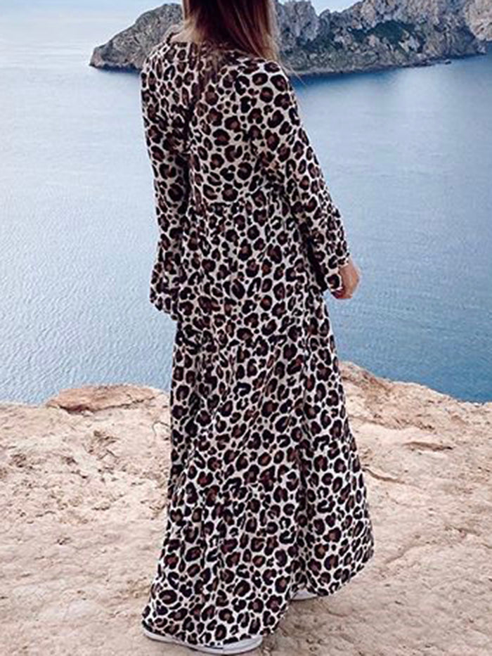 Leopard V-Neck Long Sleeve Dress