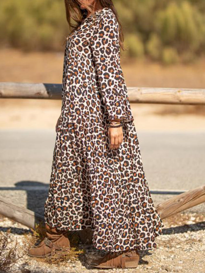 Leopard V-Neck Long Sleeve Dress