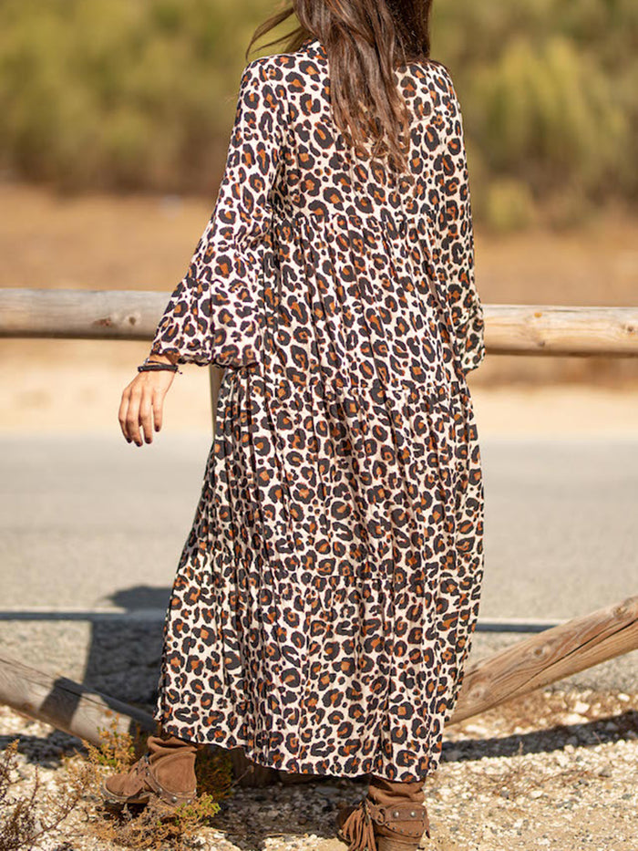 Leopard V-Neck Long Sleeve Dress