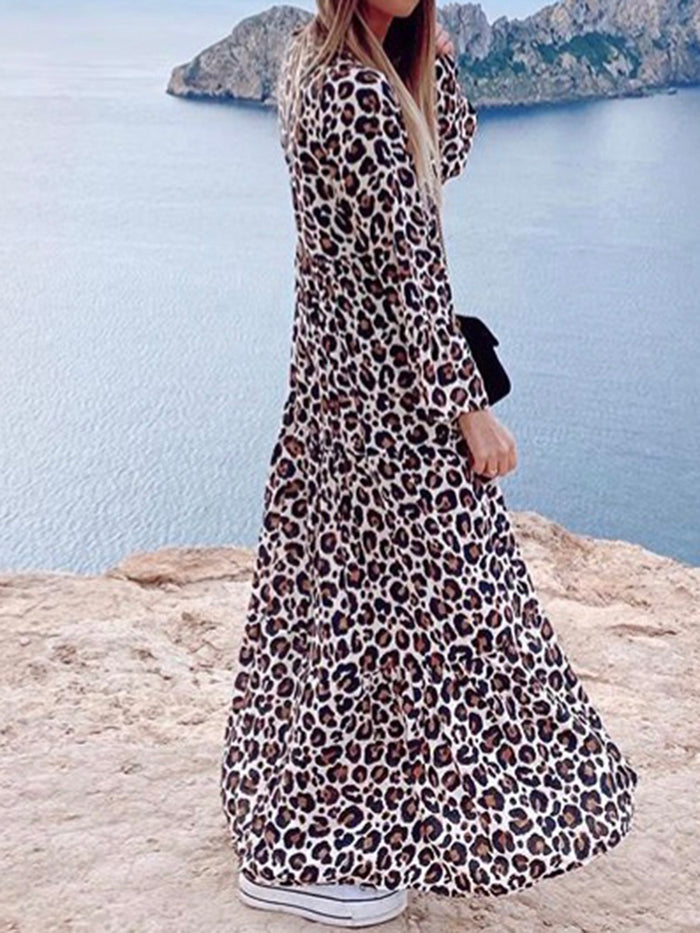 Leopard V-Neck Long Sleeve Dress