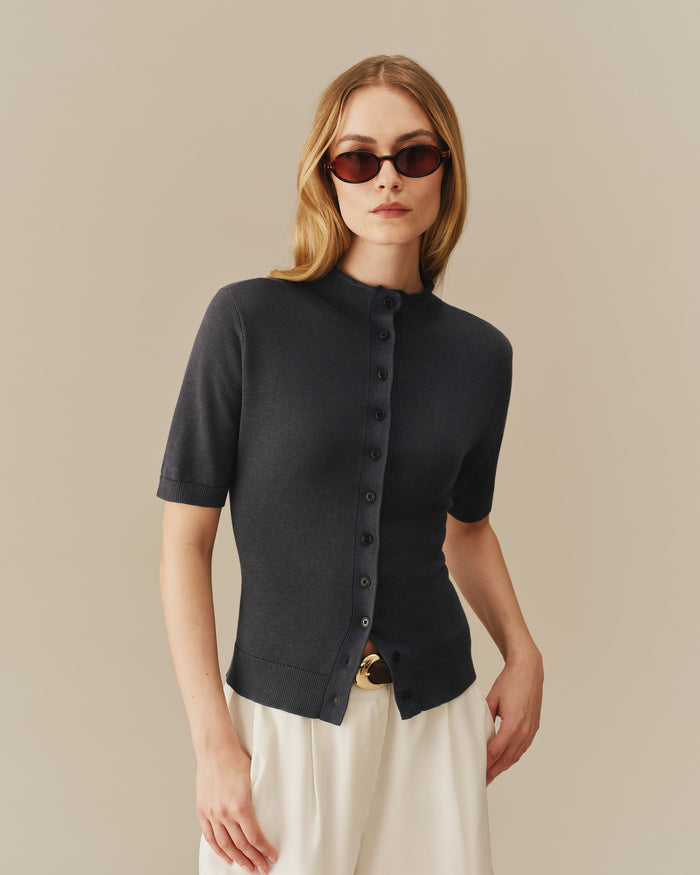 Lightweight Mock Neck Cardigan Navy