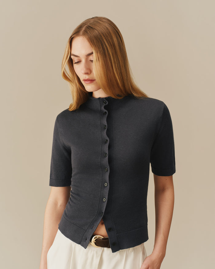 Lightweight Mock Neck Cardigan Navy