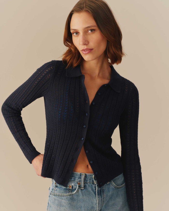 Lightweight Pointelle Cardigan Navy