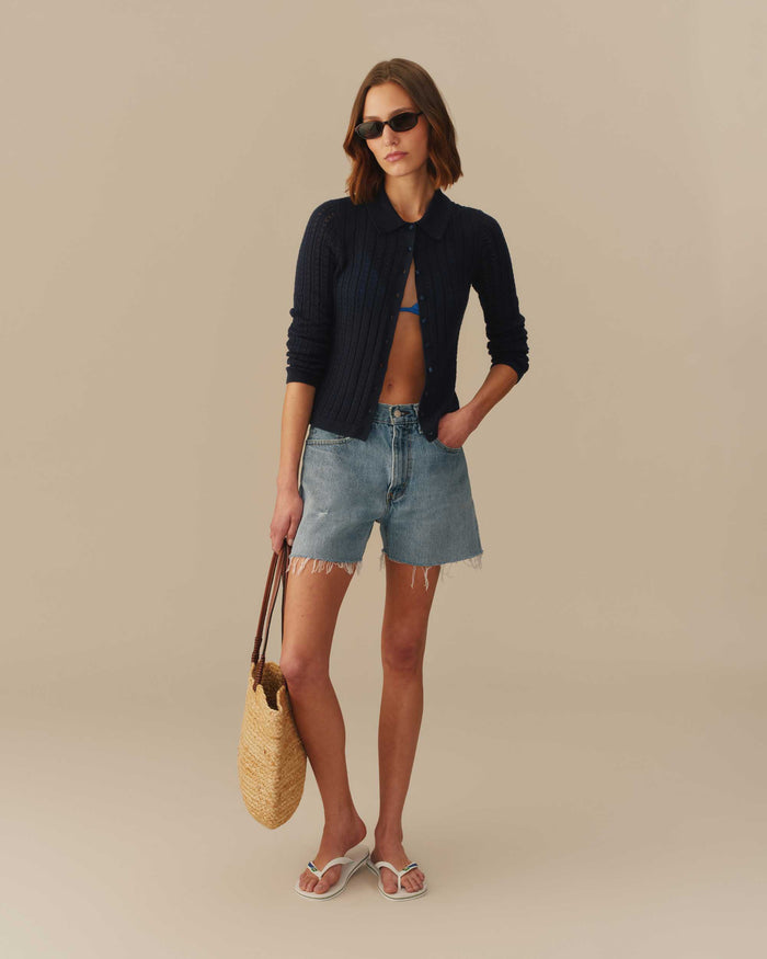 Lightweight Pointelle Cardigan Navy