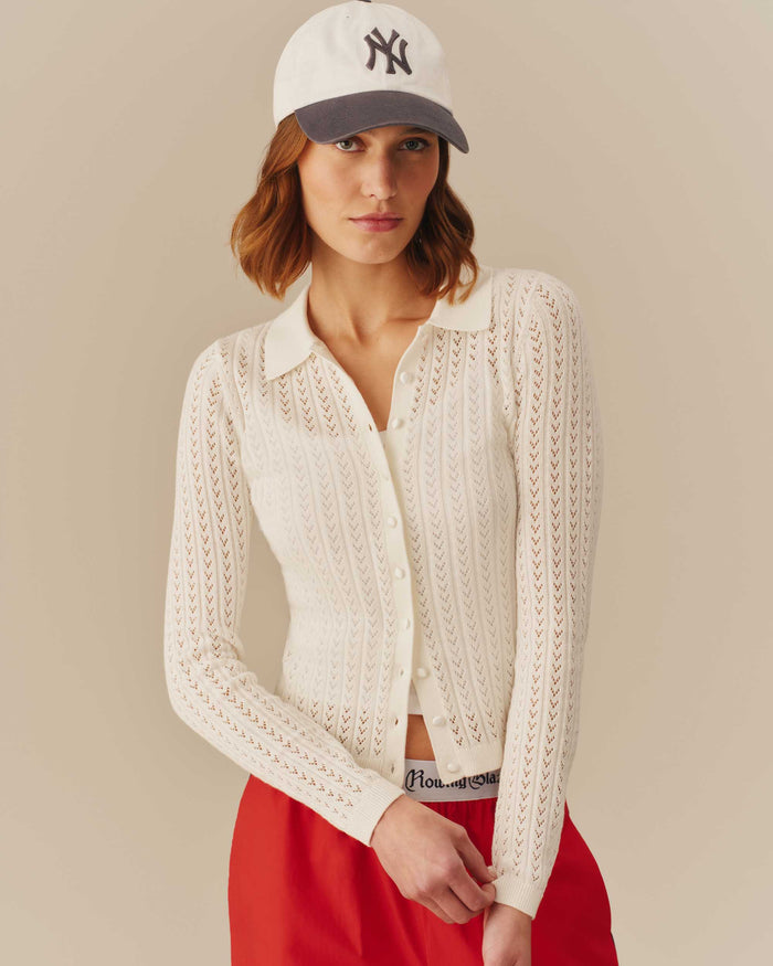 Lightweight Pointelle Cardigan White