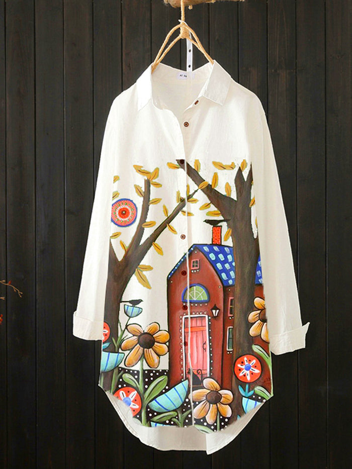 Long Sleeve Pastoral Leaves Shirts & Tops