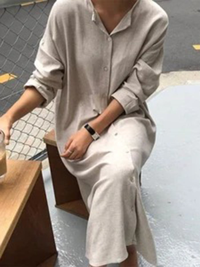 Loose Casual Cotton And Linen Long Sleeve Maxi Dress