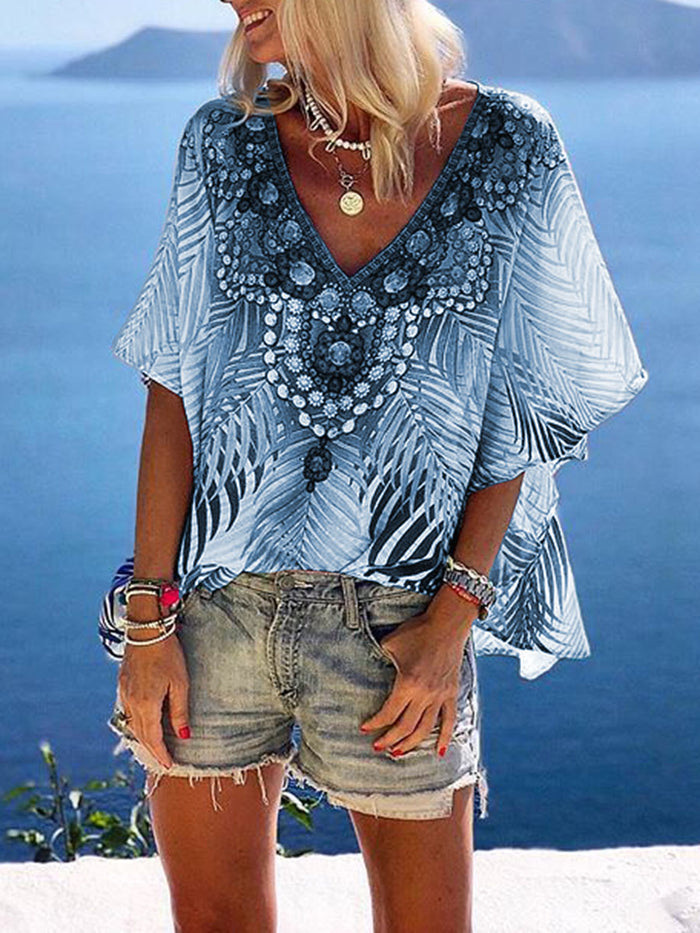 Loose Print V-Neck Top