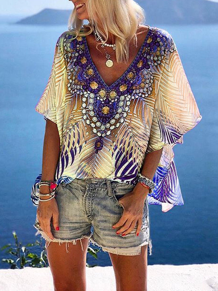 Loose Print V-Neck Top