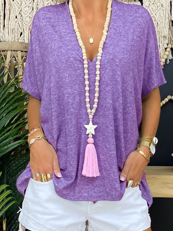 Loose Solid Color V-Neck Top