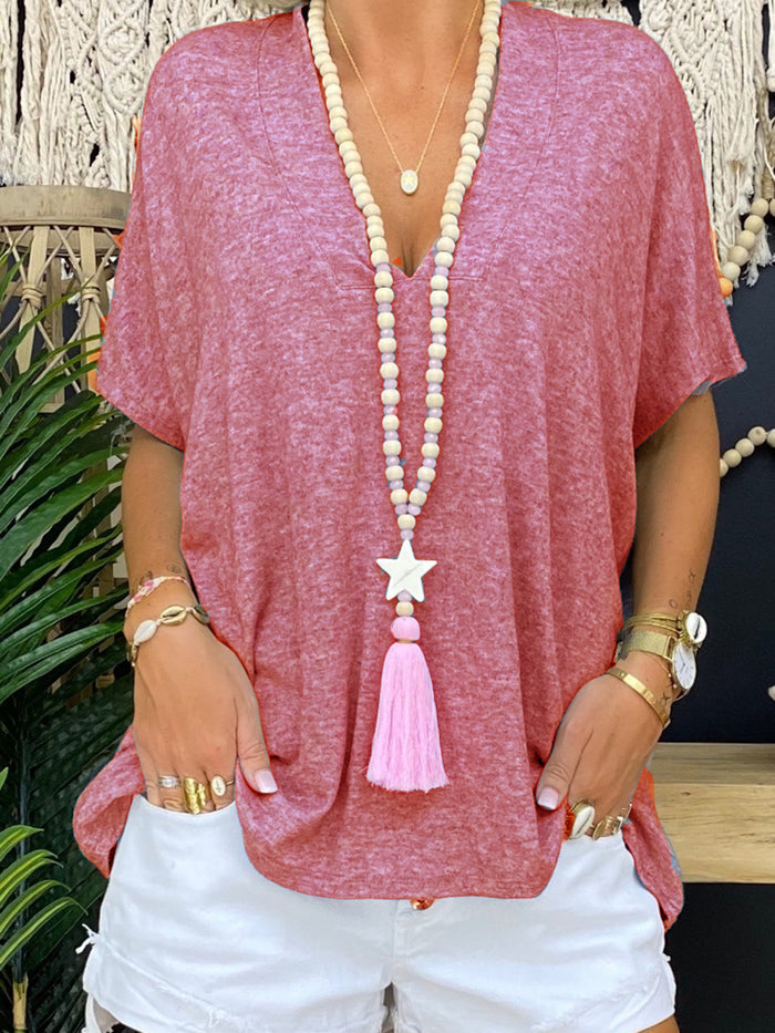 Loose Solid Color V-Neck Top