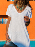 Loose V-Neck Short Sleeve T-Shirts with Irregular Hem