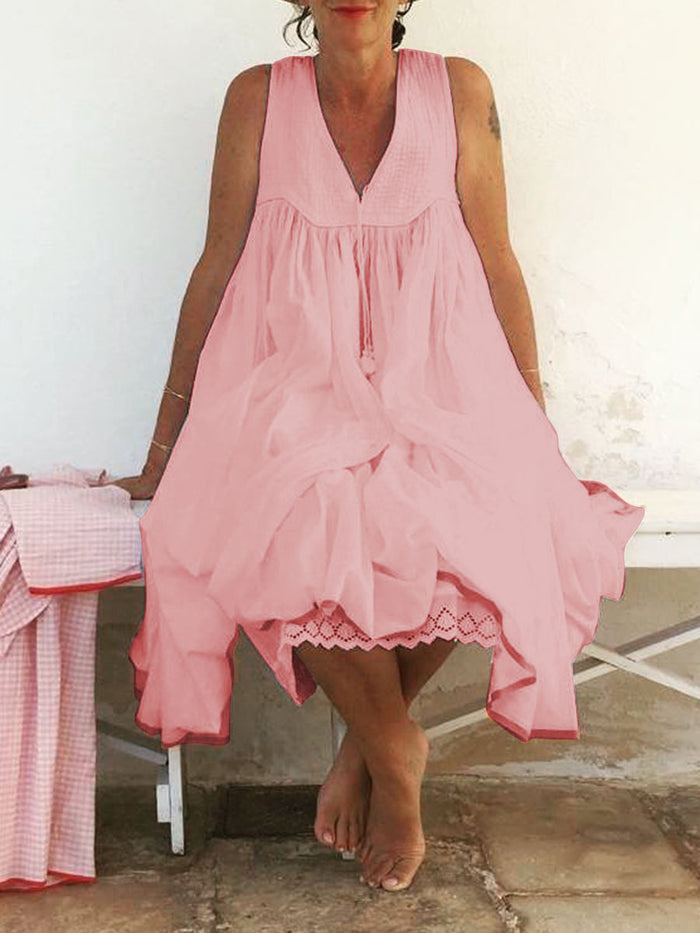 Loose V-Neck Solid Color Dress