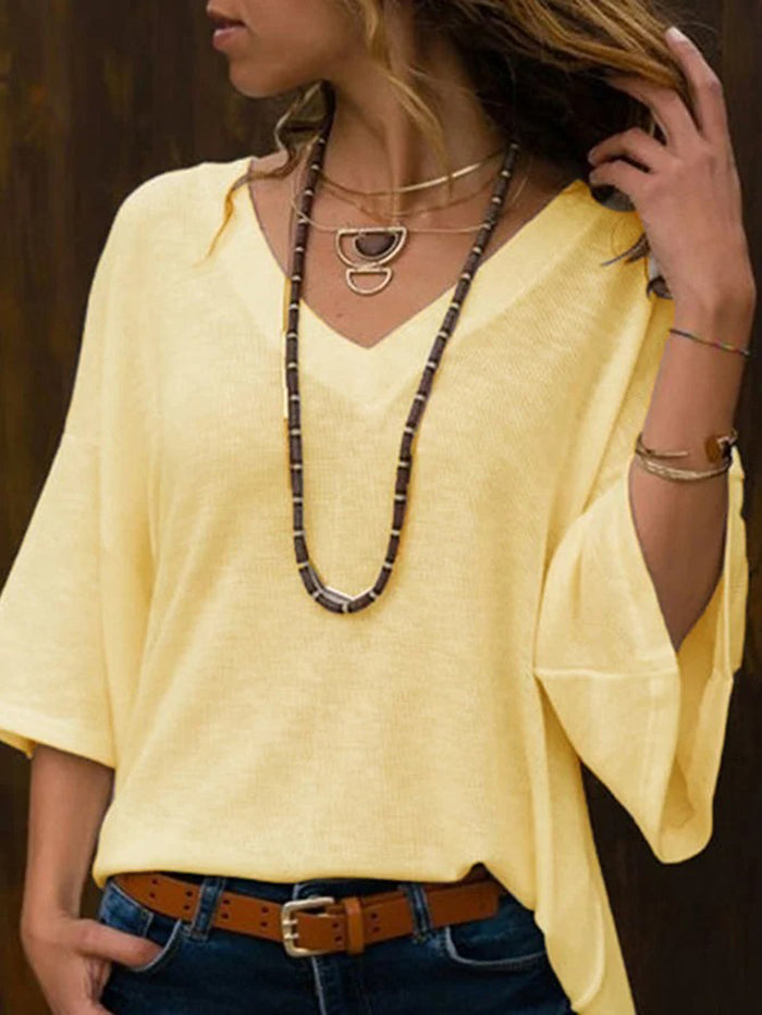 Loose V-Neck T-Shirts Solid Color Blouses