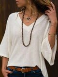 Loose V-Neck T-Shirts Solid Color Blouses