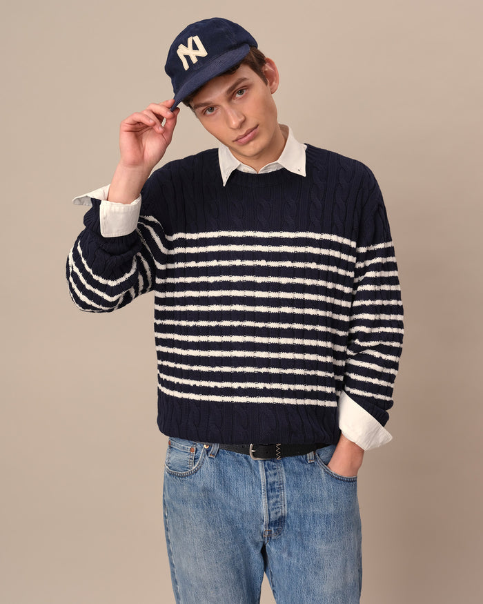 Mariner Stripe Cable Knit Sweater Navy/White Stripe