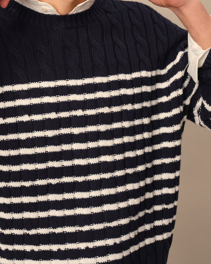 Mariner Stripe Cable Knit Sweater Navy/White Stripe