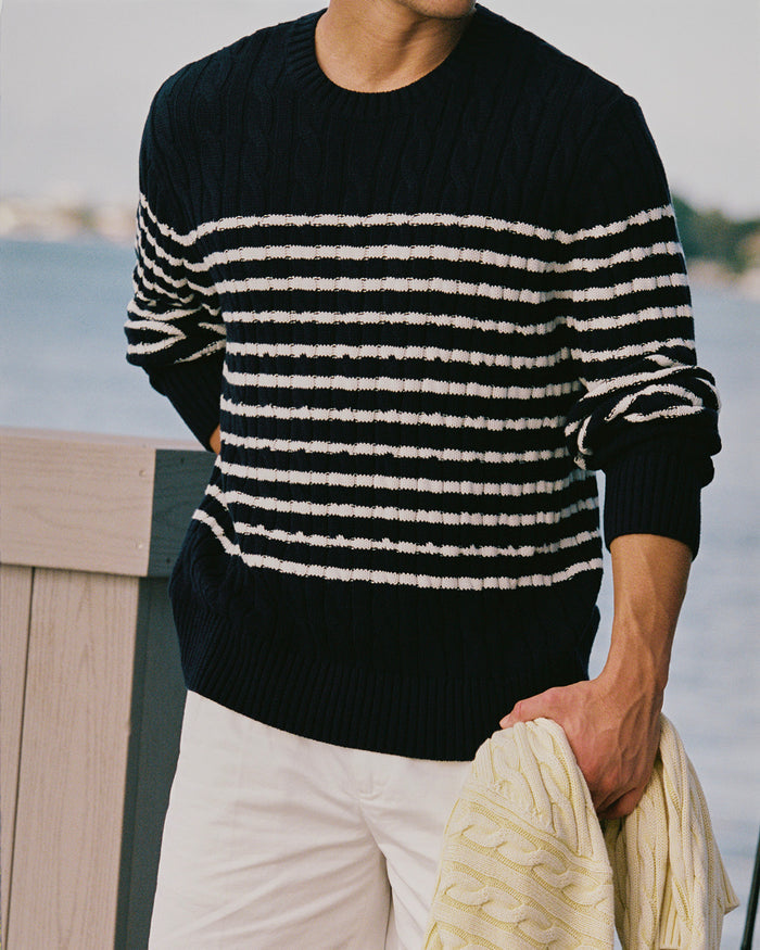 Mariner Stripe Cable Knit Sweater Navy/White Stripe