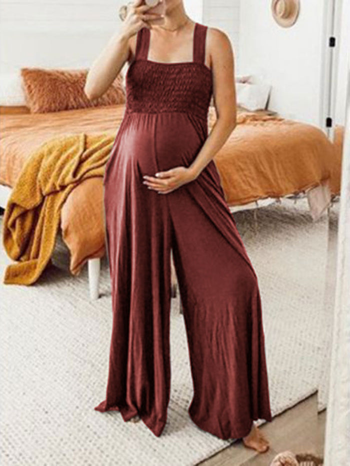Maternity Pure Color Sleeveless Chest Wrap Loose Long Jumpsuit