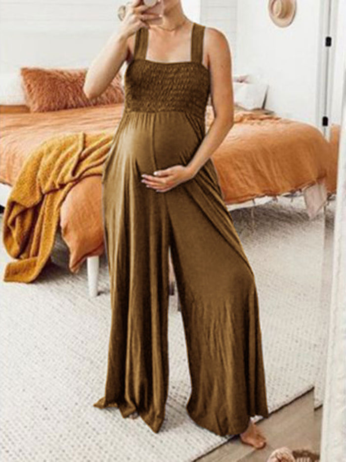 Maternity Pure Color Sleeveless Chest Wrap Loose Long Jumpsuit