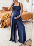 Maternity Pure Color Sleeveless Chest Wrap Loose Long Jumpsuit