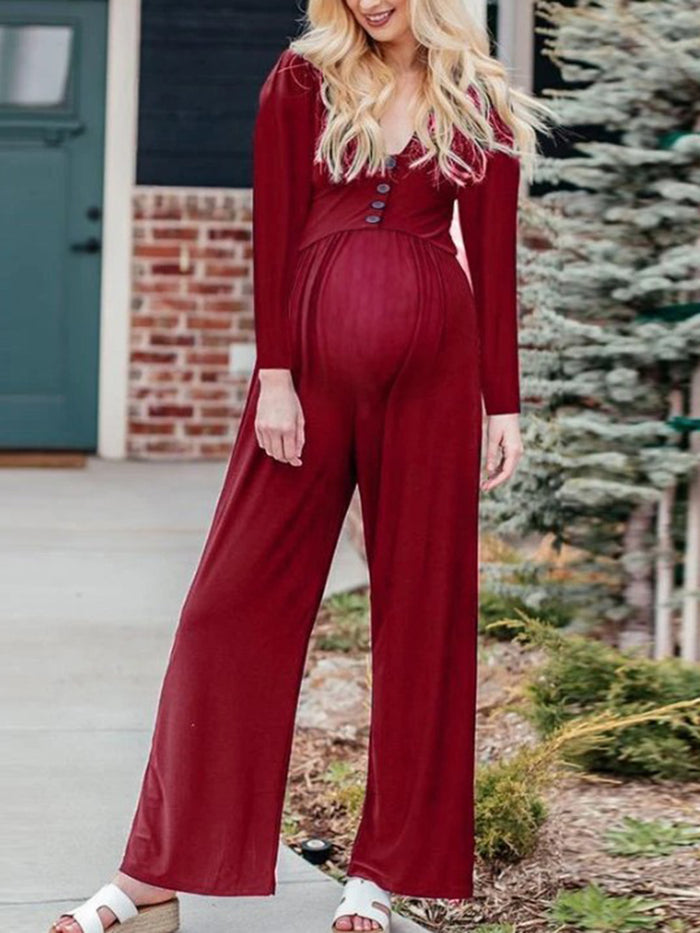 Maternity Solid Color Button Long Sleeve Casual Jumpsuit