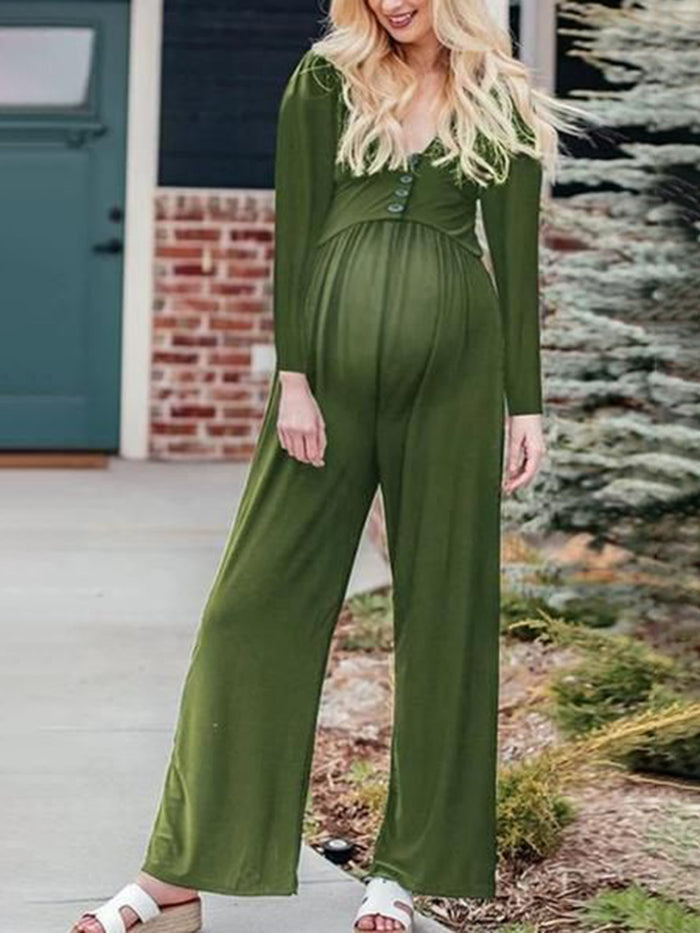 Maternity Solid Color Button Long Sleeve Casual Jumpsuit