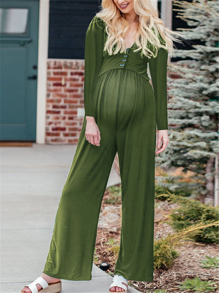 Maternity V-neck Long Sleeve Button Wide Leg Jumpsuit