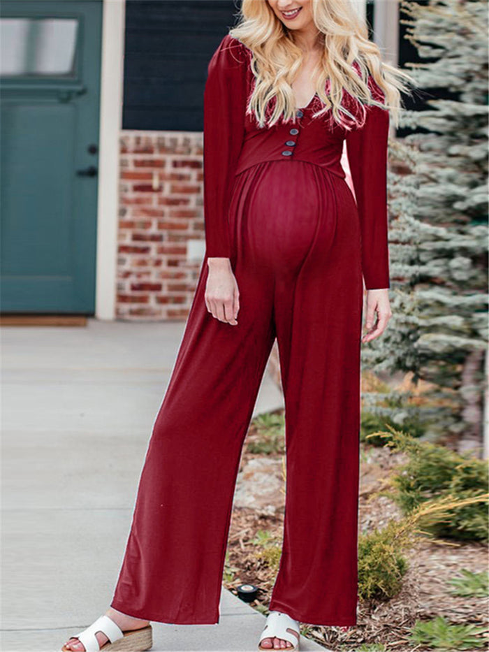 Maternity V-neck Long Sleeve Button Wide Leg Jumpsuit
