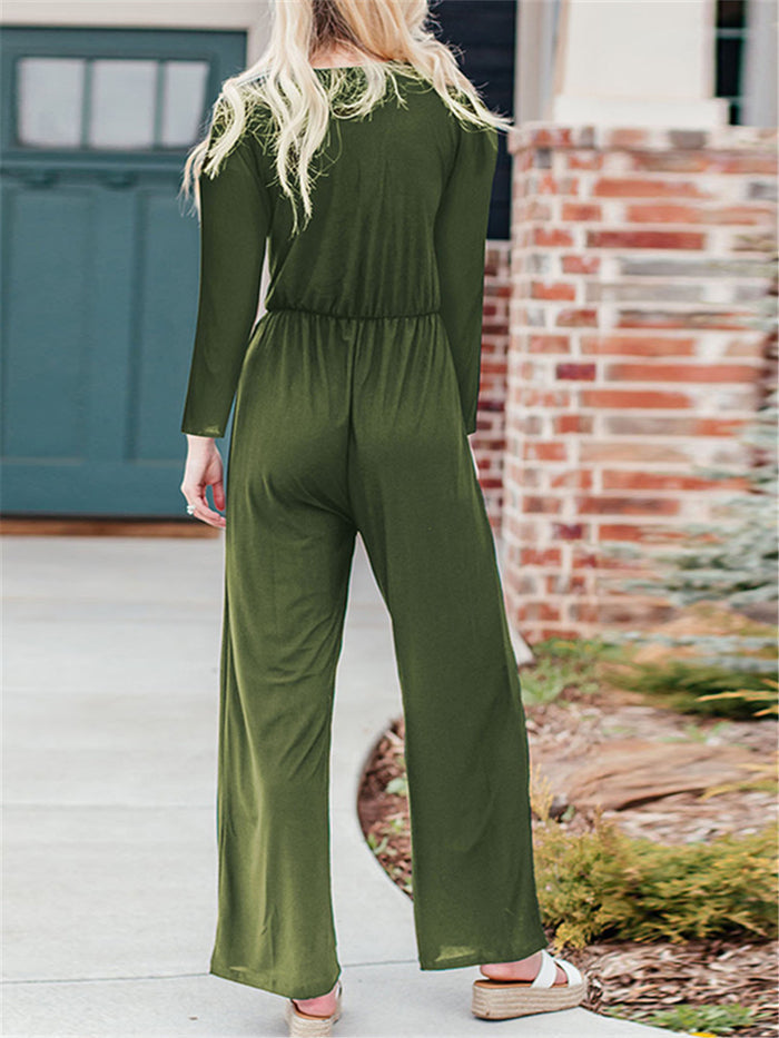 Maternity V-neck Long Sleeve Button Wide Leg Jumpsuit