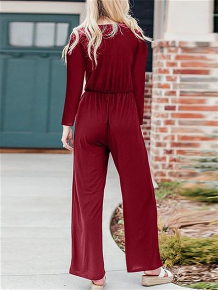 Maternity V-neck Long Sleeve Button Wide Leg Jumpsuit
