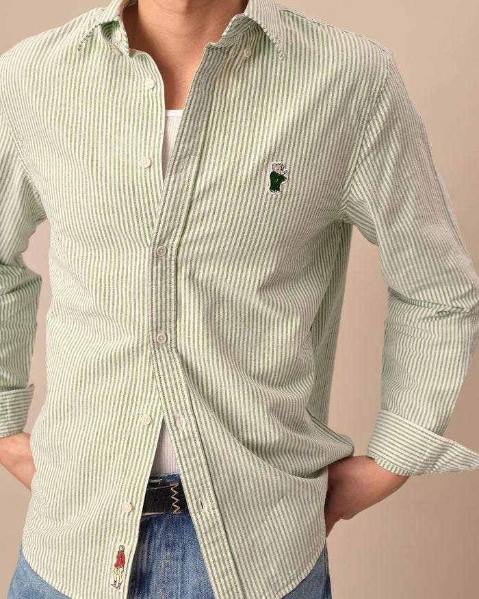 Men's Babar Long Sleeve Classic Fit Striped Oxford Shirt Green / White University Stripe